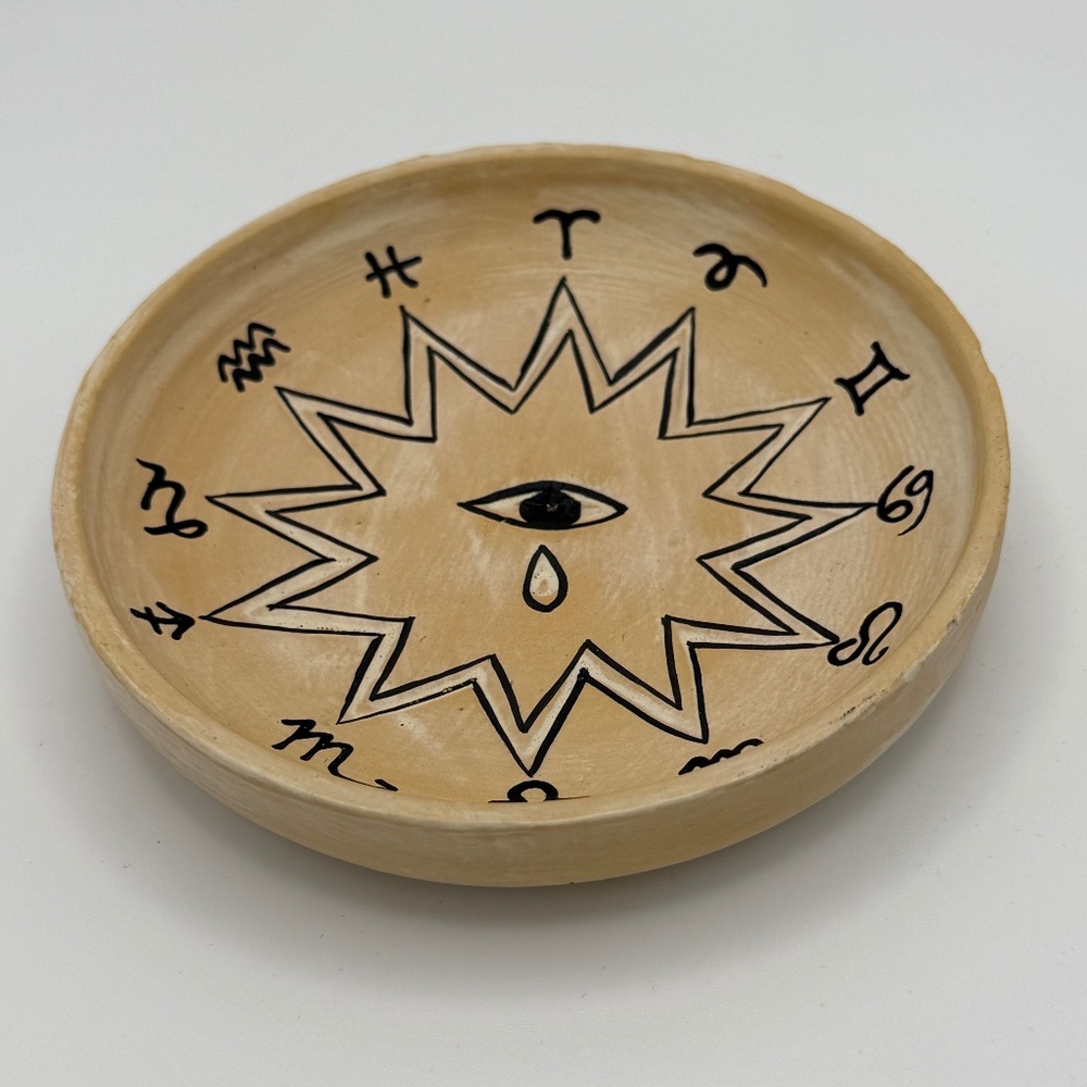 New White Washed Wood Round Incense Holder – Zodiac Design